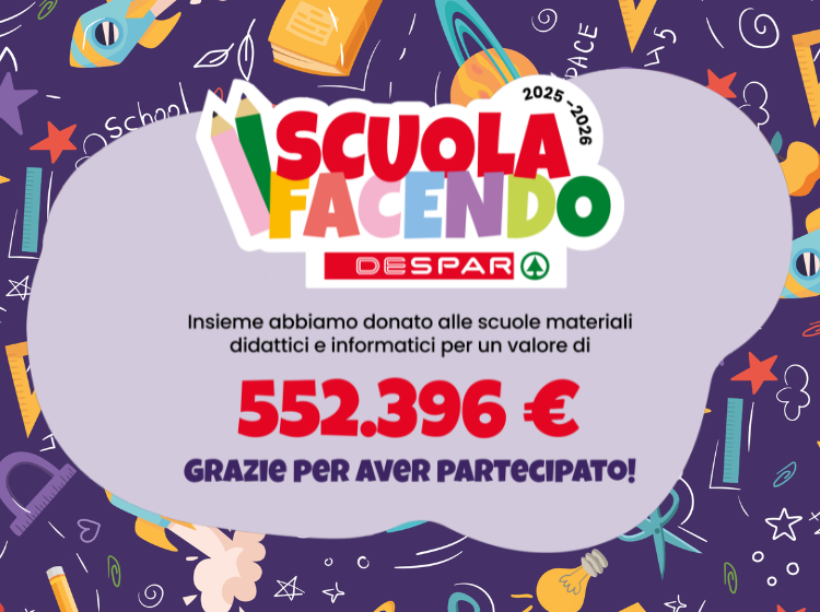 Insieme abbiamo donato alle scuole materiali didattici e informatici per un valore di 552369 euro; grazie per aver partecipato!
