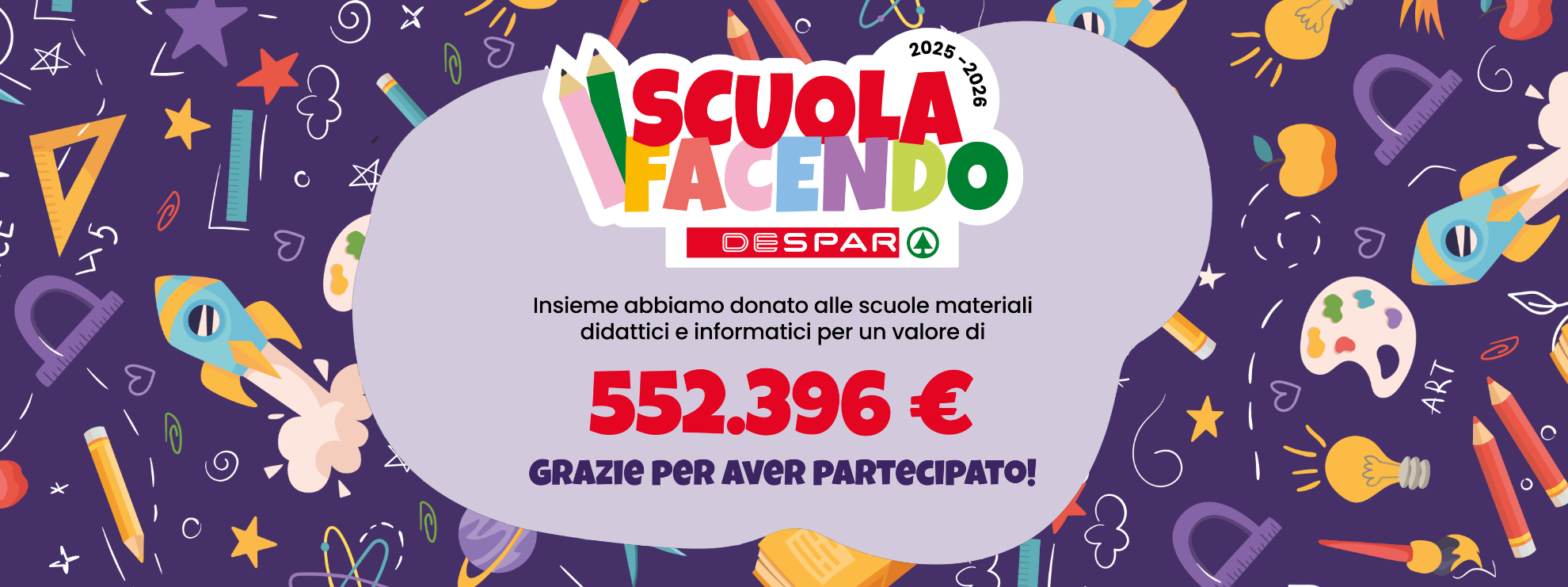 Insieme abbiamo donato alle scuole materiali didattici e informatici per un valore di 552369 euro; grazie per aver partecipato!